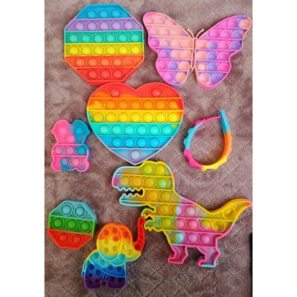 Pop It Fidget Toy Lot Rainbow Butterfly Dinosaur Heart Octagon Bracelet 8 Pieces